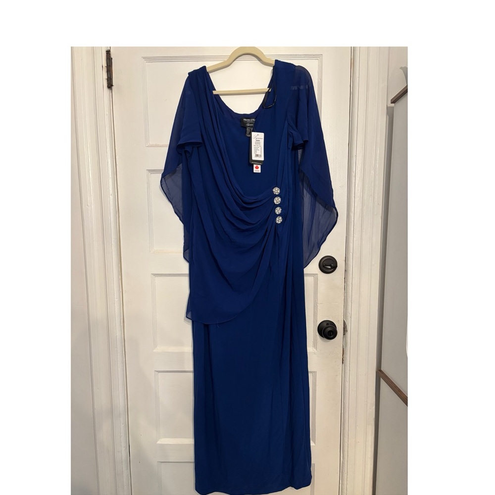 Frank Lyman Design Royal Blue Draped Maxi Dress with Decorative Buttons